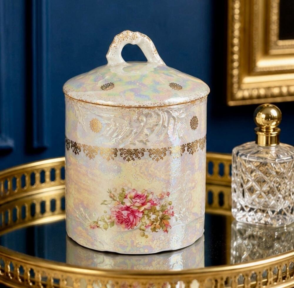 Vintage Biscuit Jar Three Crown Lusterware Porcelain Trinket Lid Germany 6"